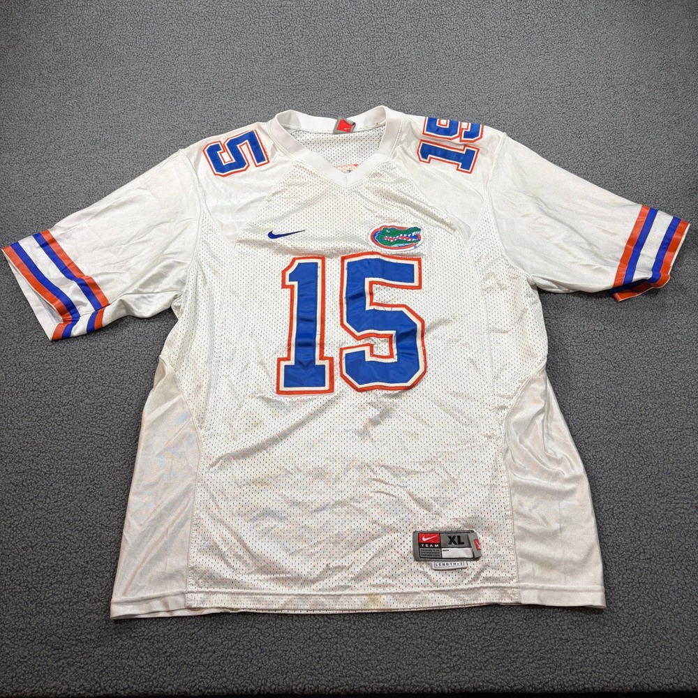 Nike Football Jersey Mens XL White Florida Gators #15 Tim Tebow Mesh Length +2